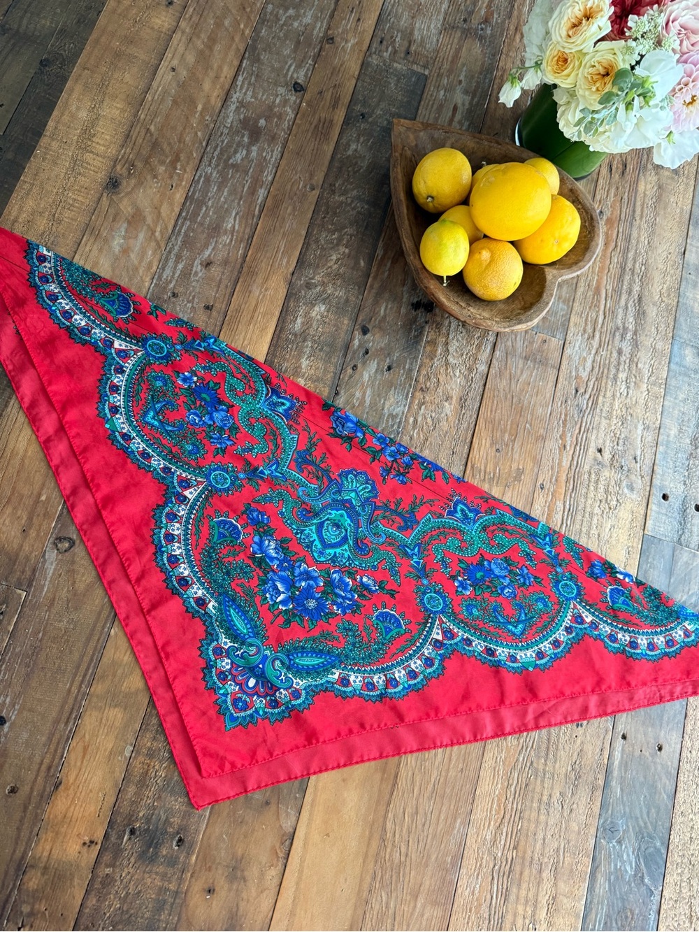 Reformation Red Paisley Bandana Scarf with Teal & Blue Accents